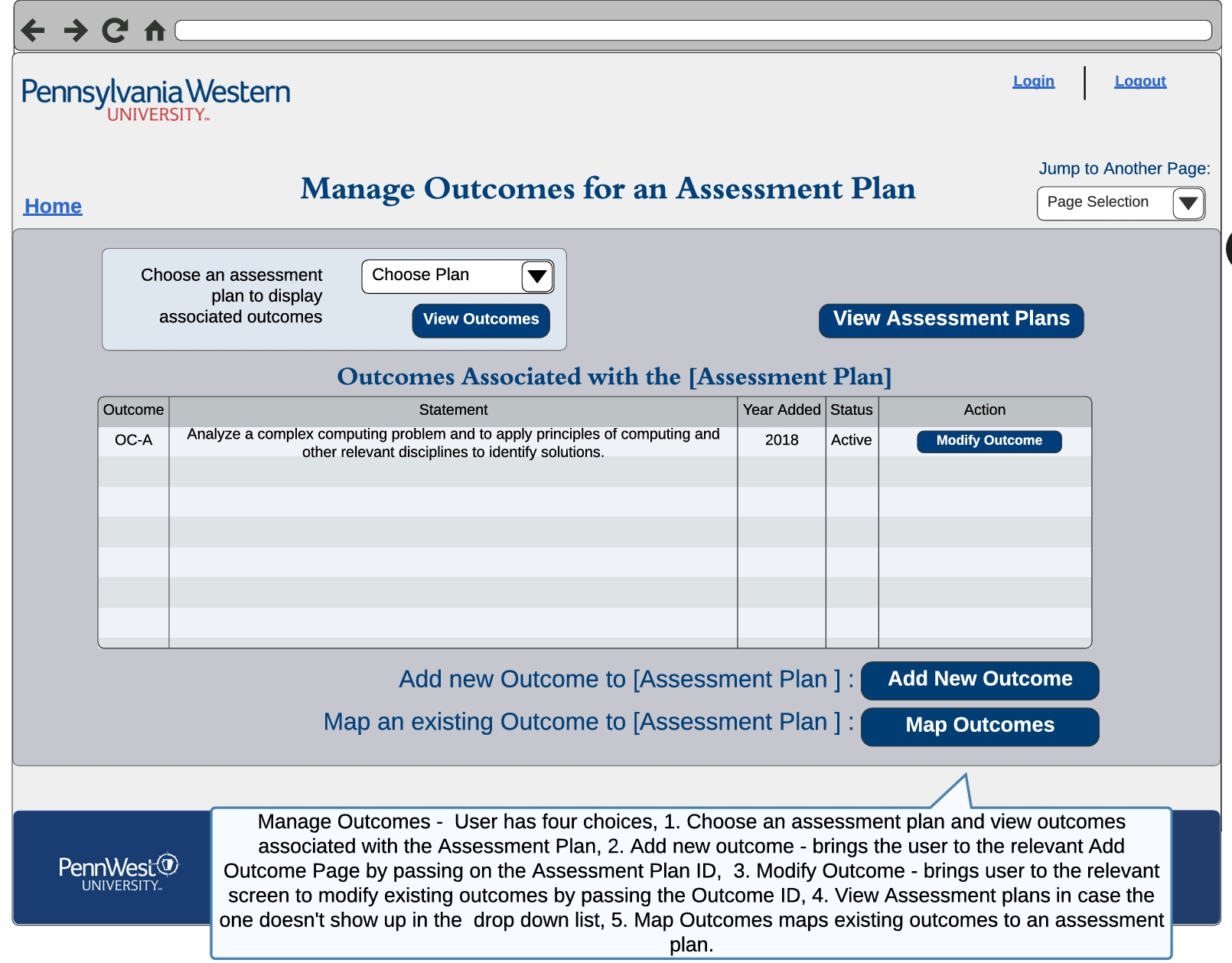 Manage outcomes screen